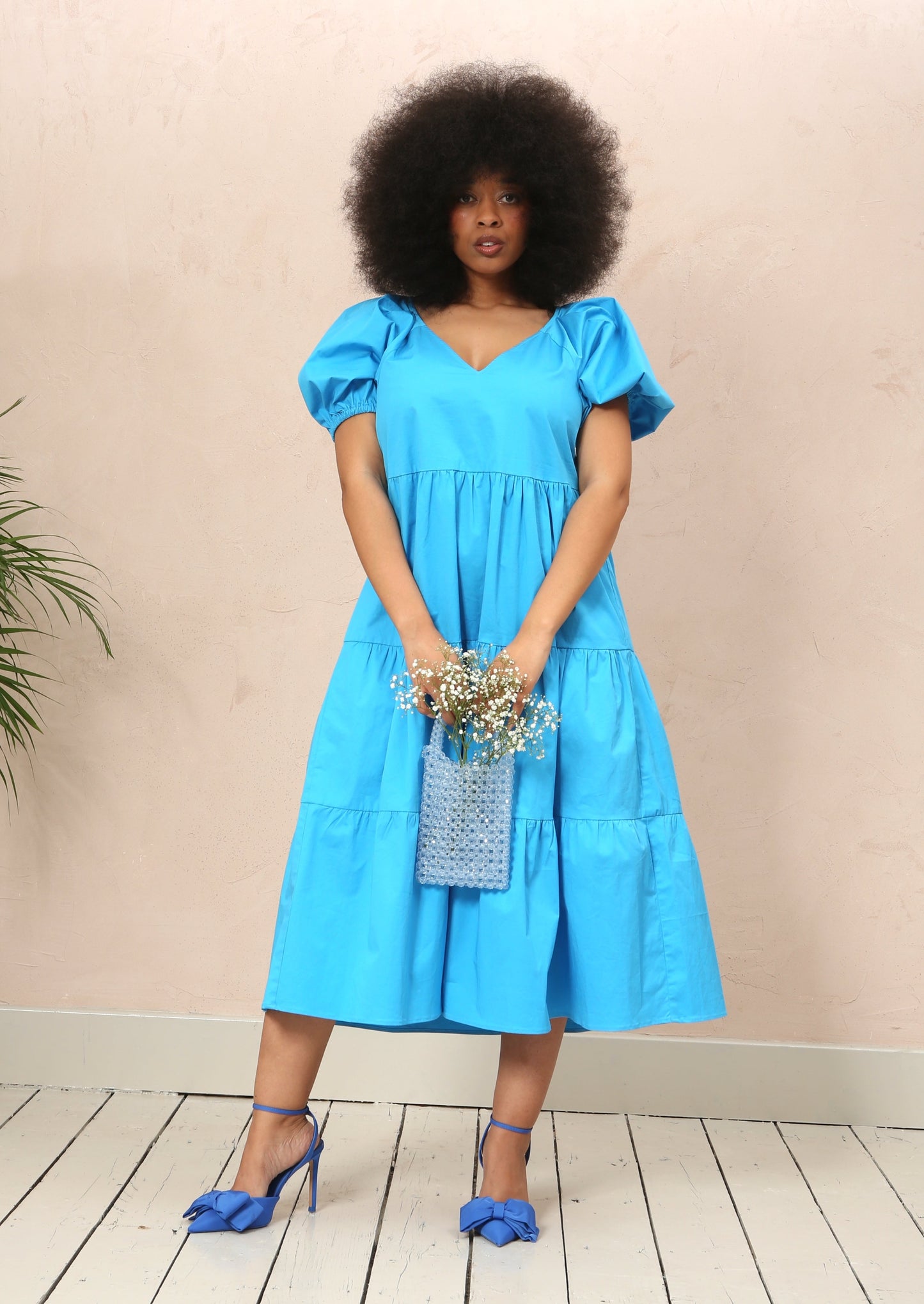 Hollie Blue Cotton Tiered Midi Dress