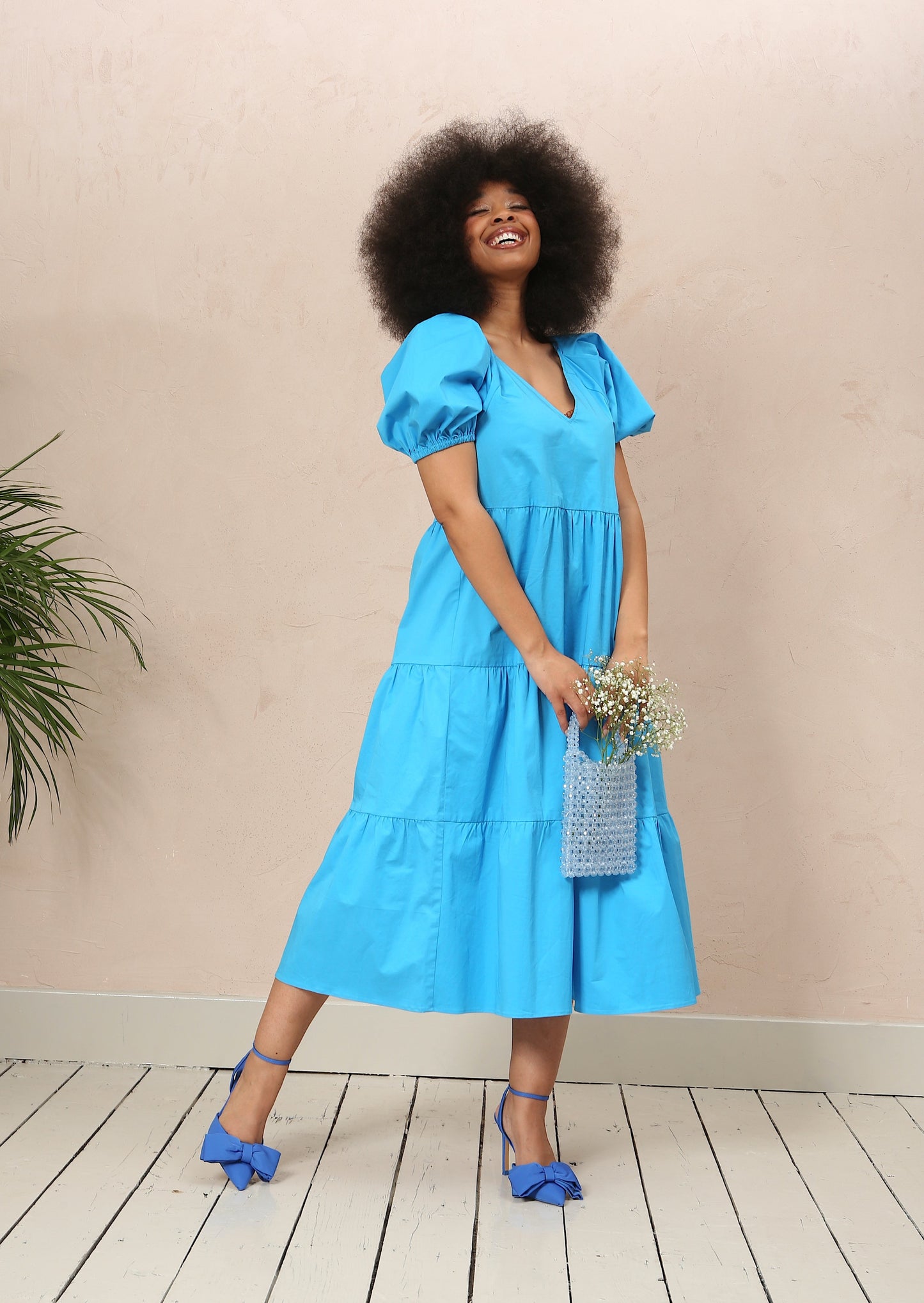 Blue Cotton Tiered Midi Dress