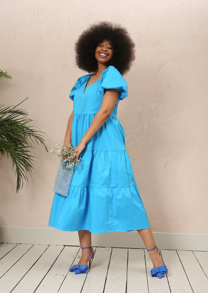 Hollie Blue Cotton Tiered Midi Dress