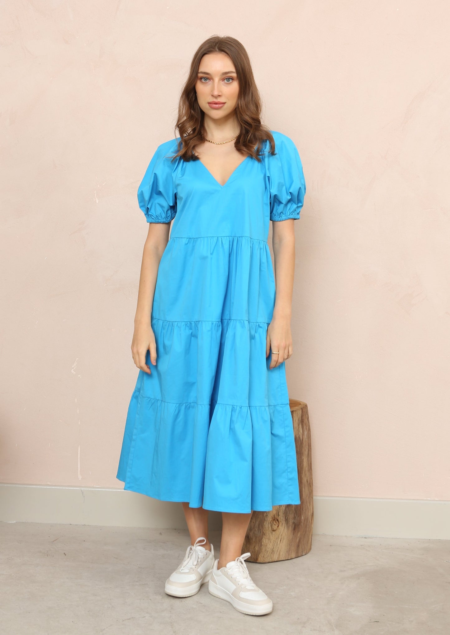 Hollie Blue Cotton Tiered Midi Dress