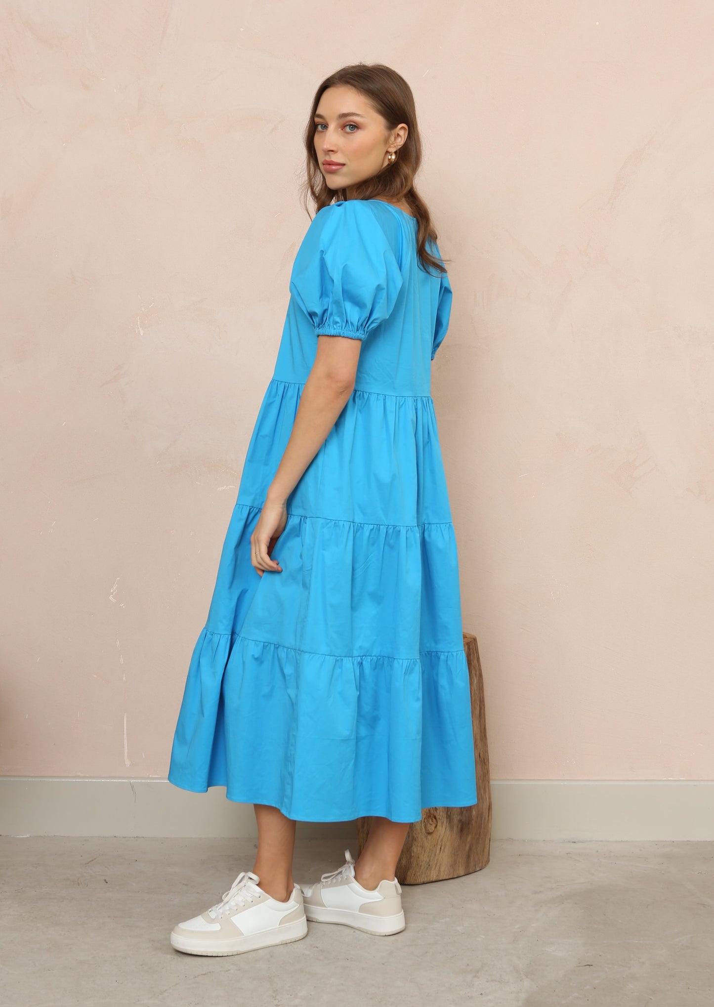 Hollie Blue Cotton Tiered Midi Dress