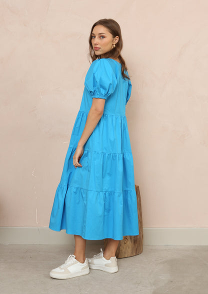 Blue Cotton Tiered Midi Dress