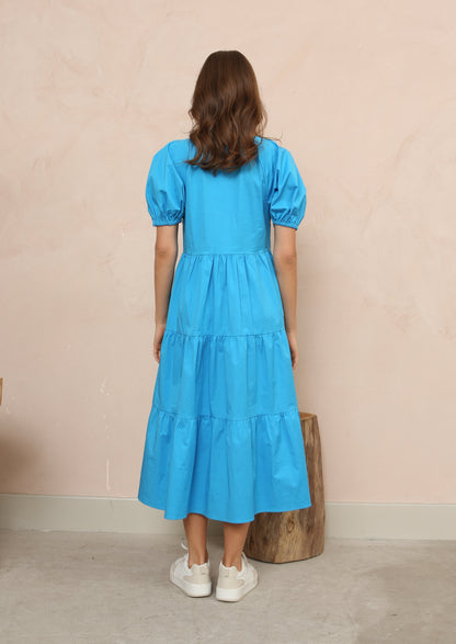 Blue Cotton Tiered Midi Dress